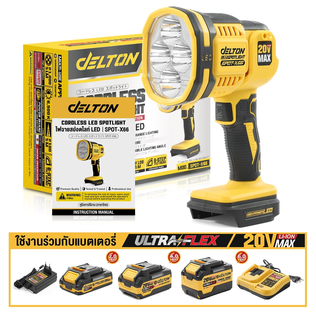 ไฟฉาย LED ไร้สาย (เฉพาะเครื่องเปล่า) DELTON รุ่น SPOT-X66 20V